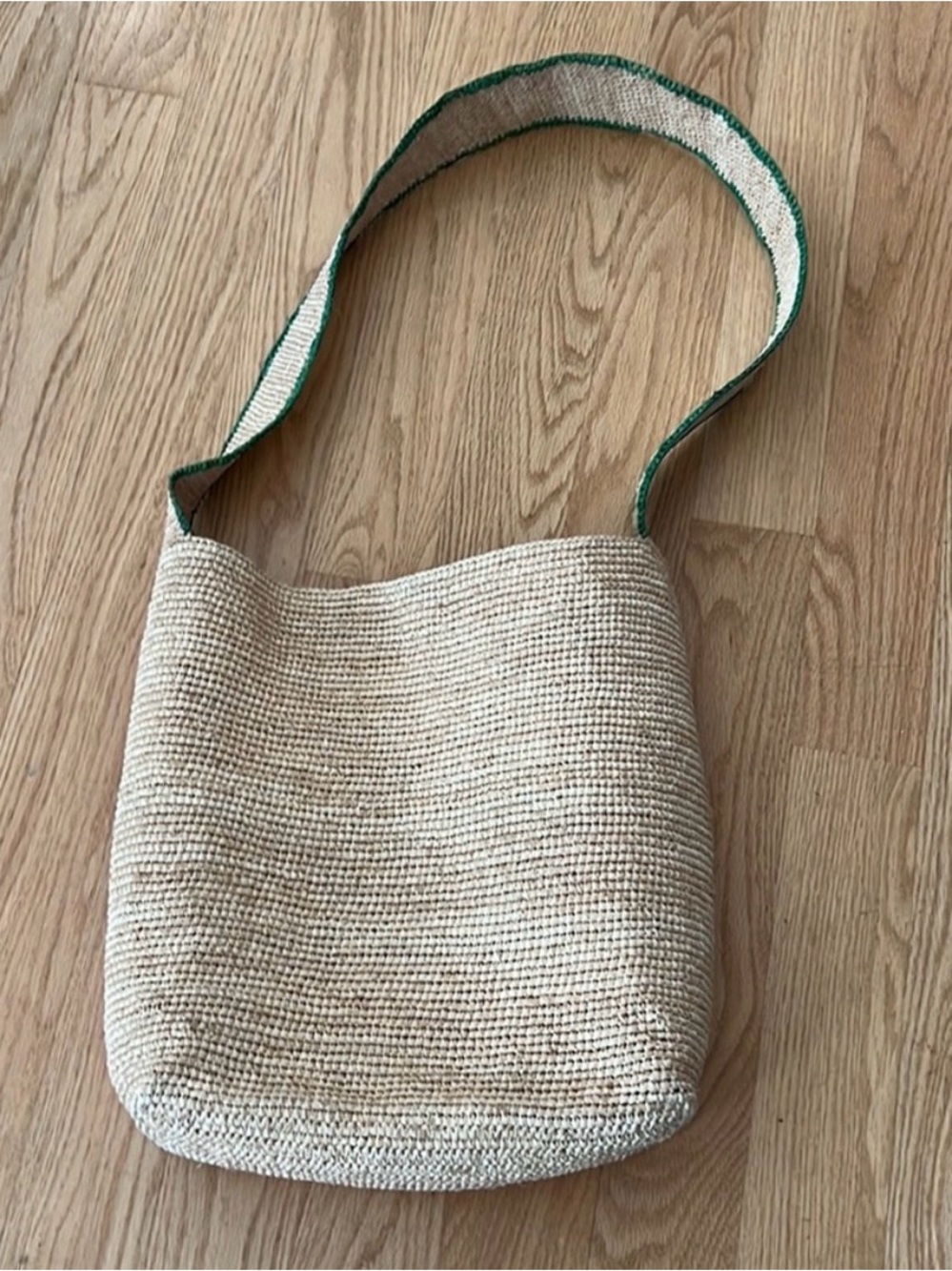 Loeffler Randall Natural Woven Shoulder Hobo Bag with Green-Trim Strap Raffia